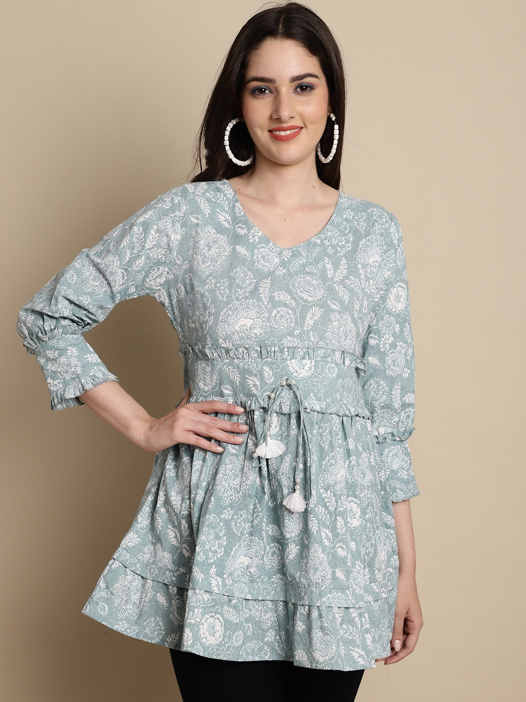 

KALINI Floral Printed V-Neck Cuffed Sleeves Cotton Tiered Longline Top, Sea green