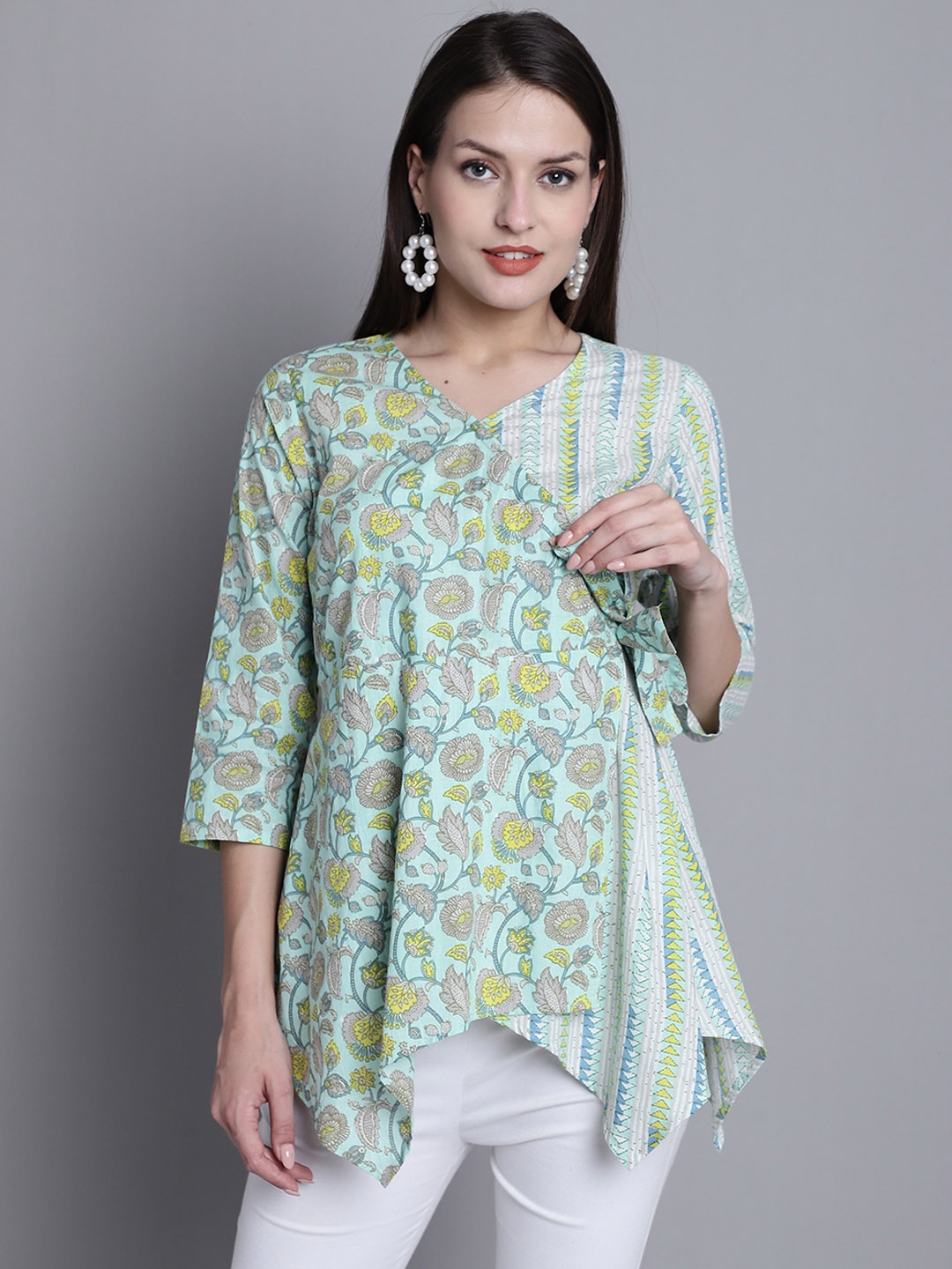 

KALINI Floral Printed V-Neck Tie-Ups A-Line Cotton Top, Sea green