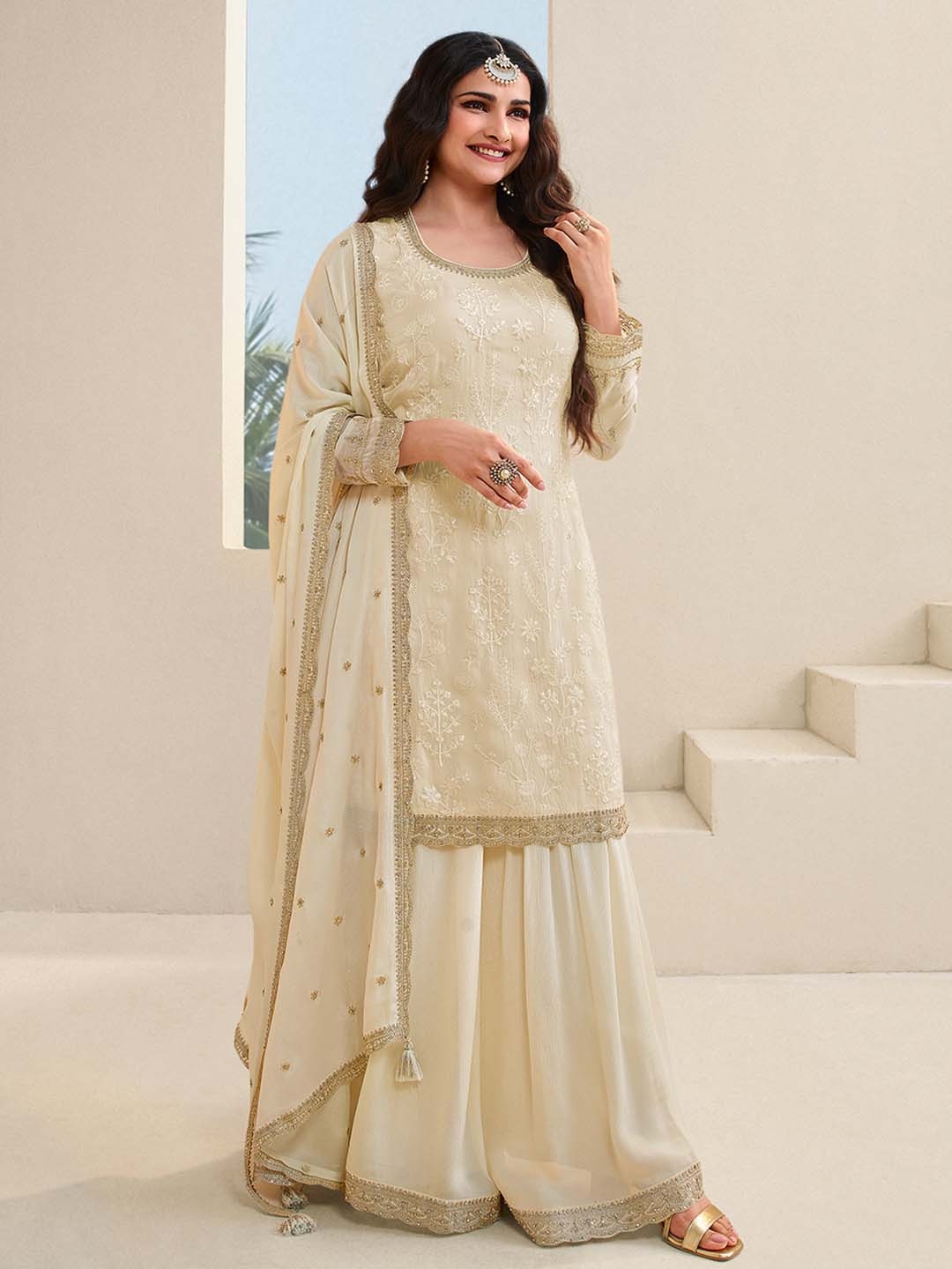 

Seerat Women Ethnic Motifs Embroidered Regular Thread Work Kurta with Palazzos & With Dupatta, Off white