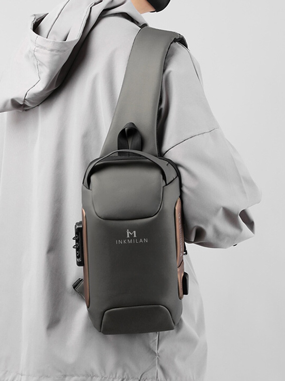 

INKMILAN Unisex Typography Backpack with USB Charging Port, Grey