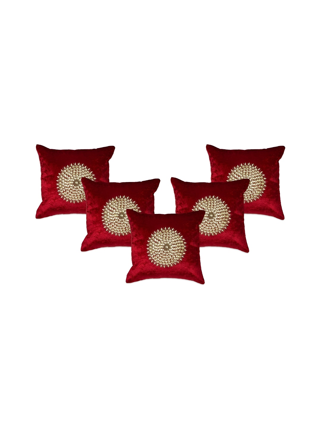 

TANLOOMS Maroon & Gold-Toned Set of 5 Embellished Velvet Square Cushion Covers