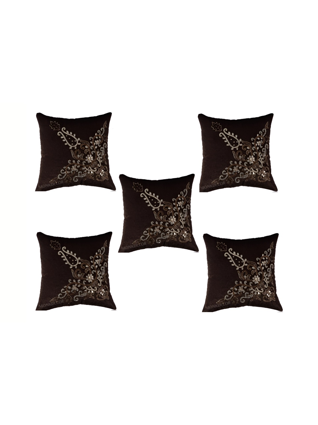 

TANLOOMS Brown & White Set of 5 Embellished Velvet Square Cushion Covers