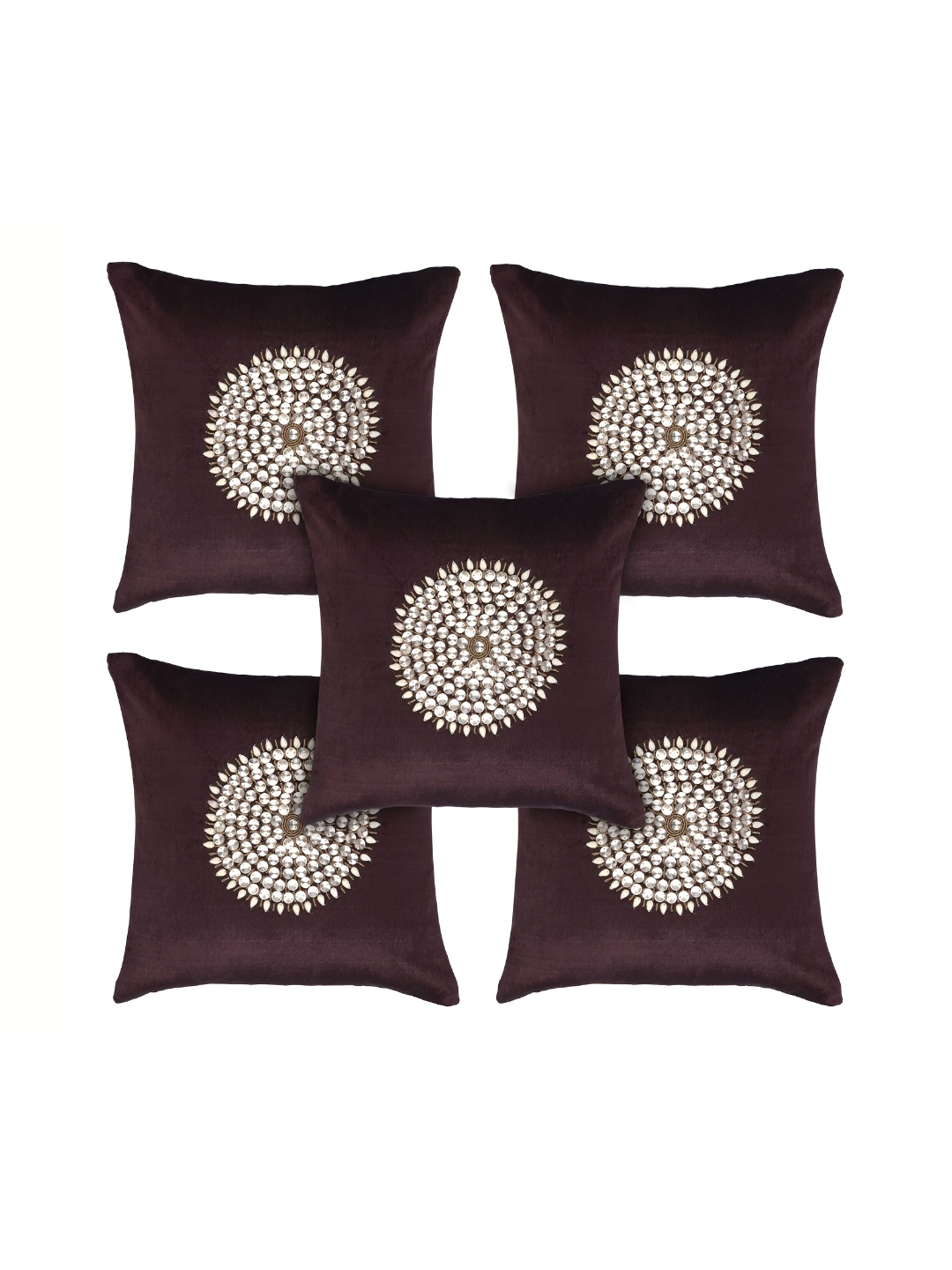 

TANLOOMS Brown & White Set of 5 Embellished Velvet Square Cushion Covers