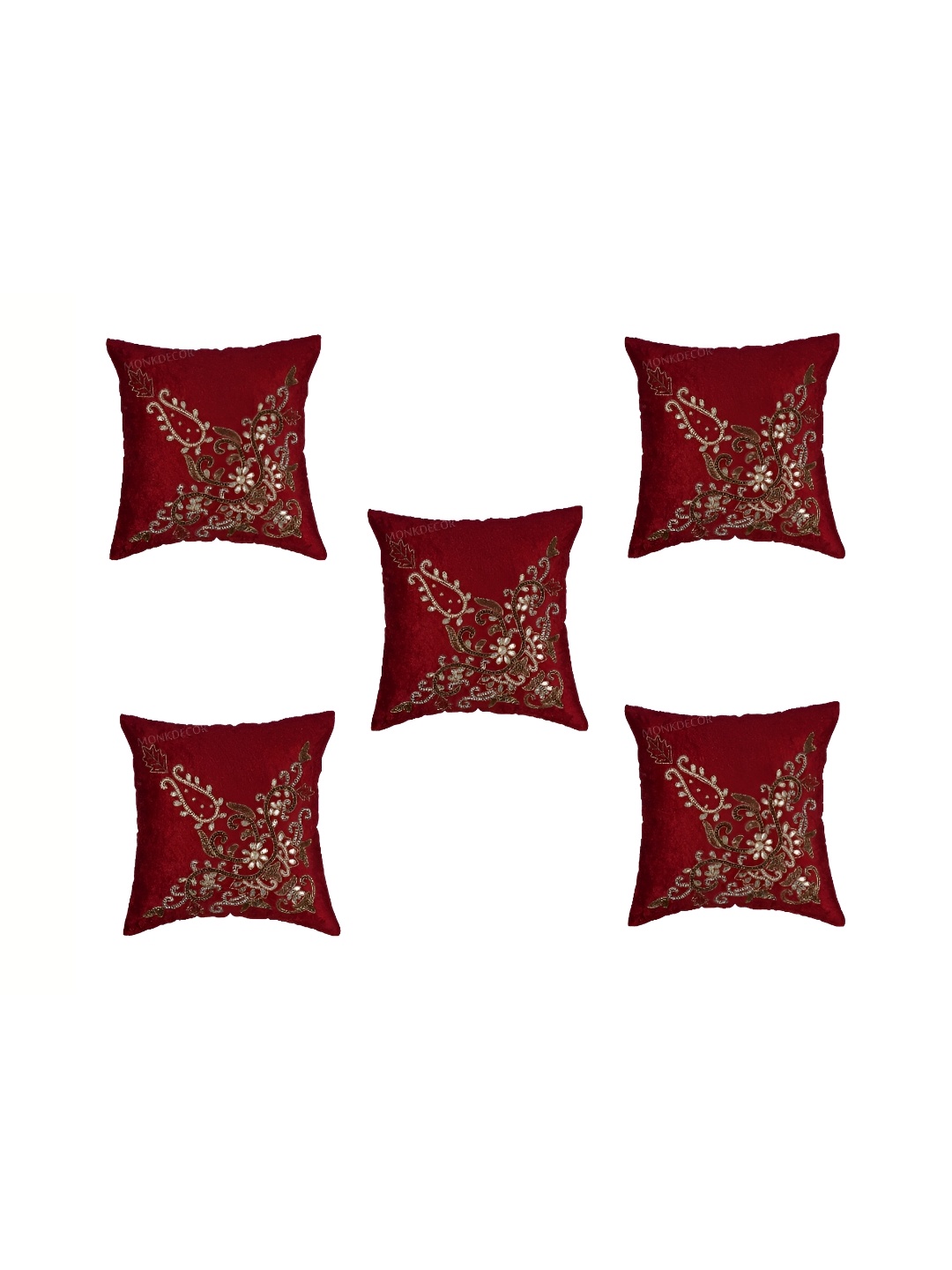 

TANLOOMS Maroon & Gold-Toned Set of 5 Embellished Velvet Square Cushion Covers