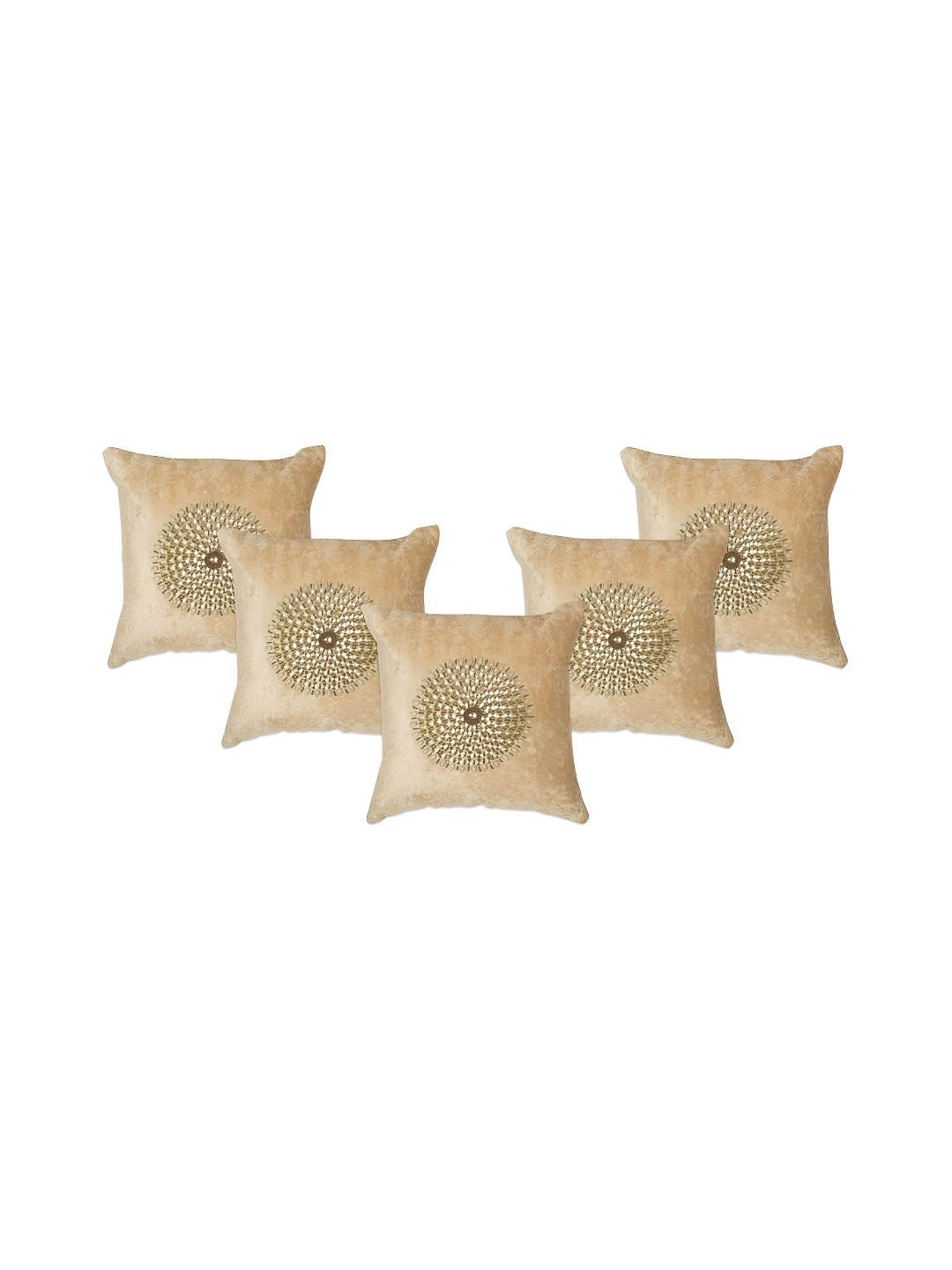 

TANLOOMS Beige & Gold-Toned Set of 5 Embellished Velvet Square Cushion Covers