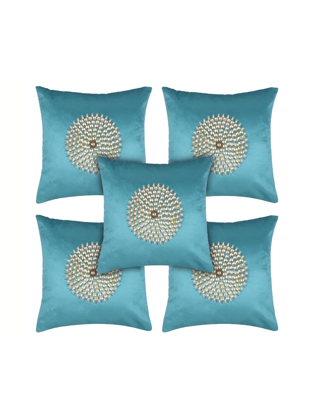 

TANLOOMS Sea Green & Silver-Toned Set of 5 Embellished Velvet Square Cushion Covers