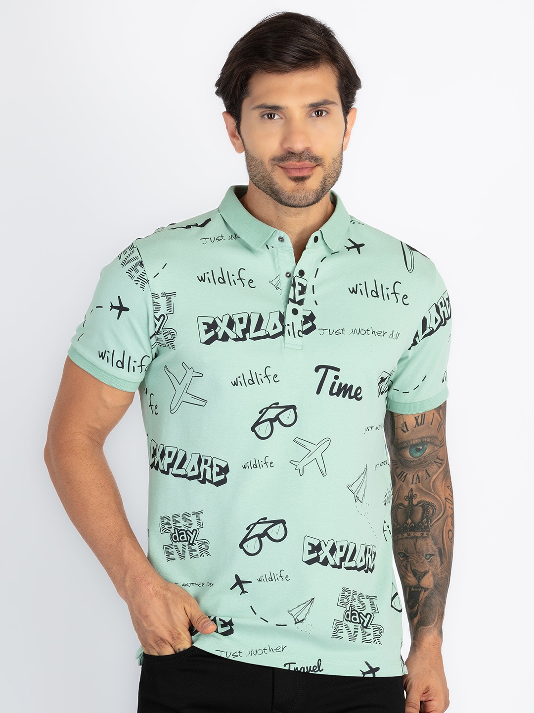 

Status Quo Men Printed Polo Collar Pockets T-shirt, Green