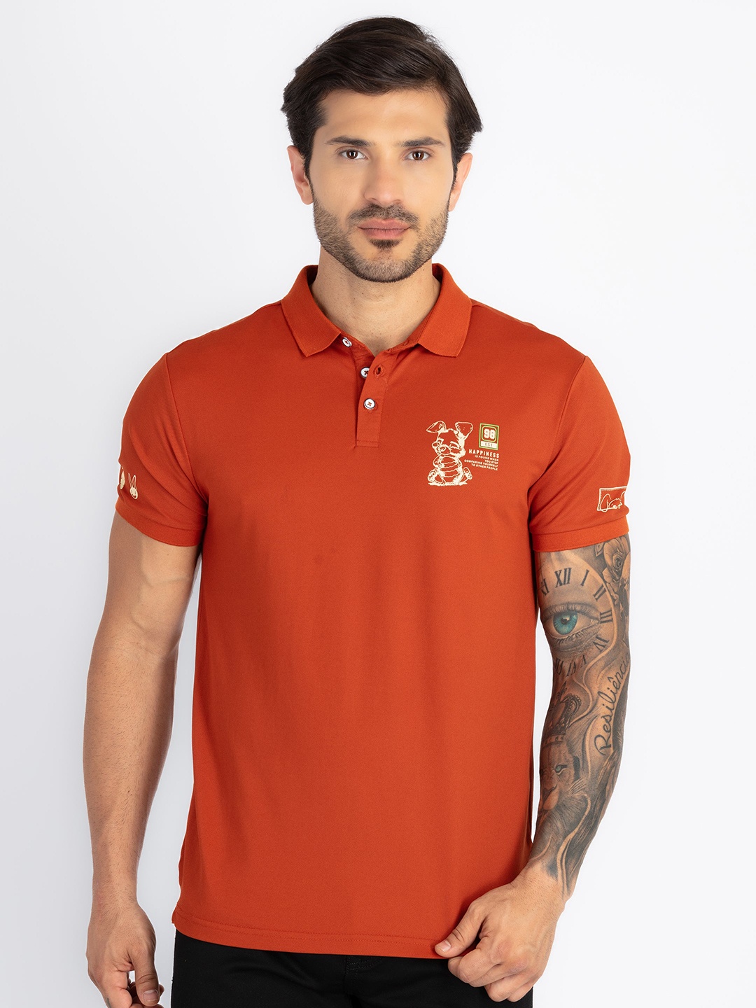 

Status Quo Men Polo Collar Applique T-shirt, Rust