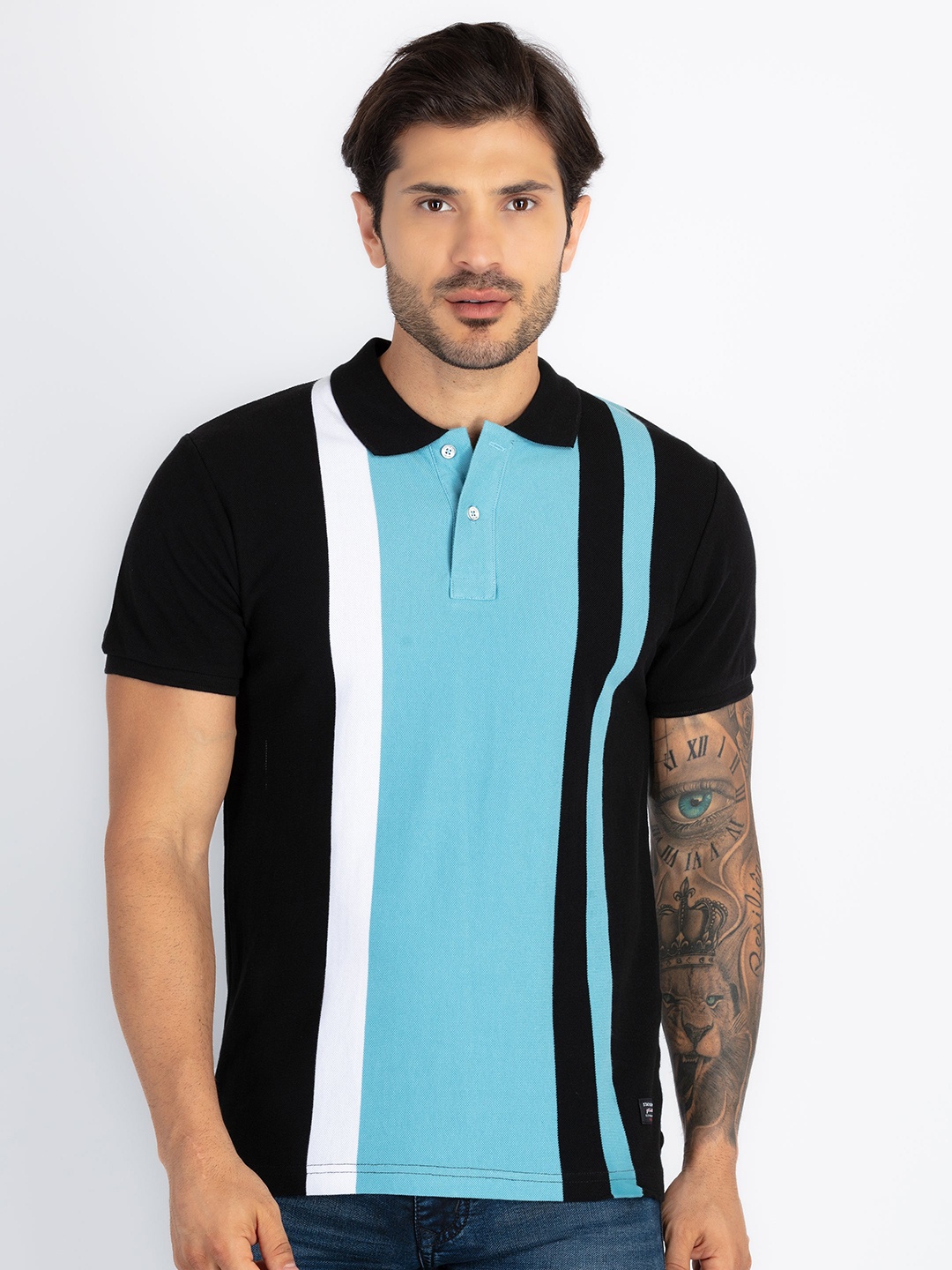 

Status Quo Men Colourblocked Polo Collar Applique T-shirt, Blue