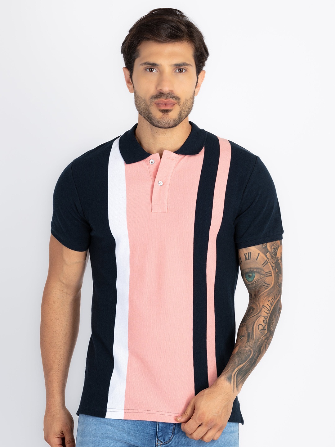 

Status Quo Men Striped Polo Collar Applique T-shirt, Coral