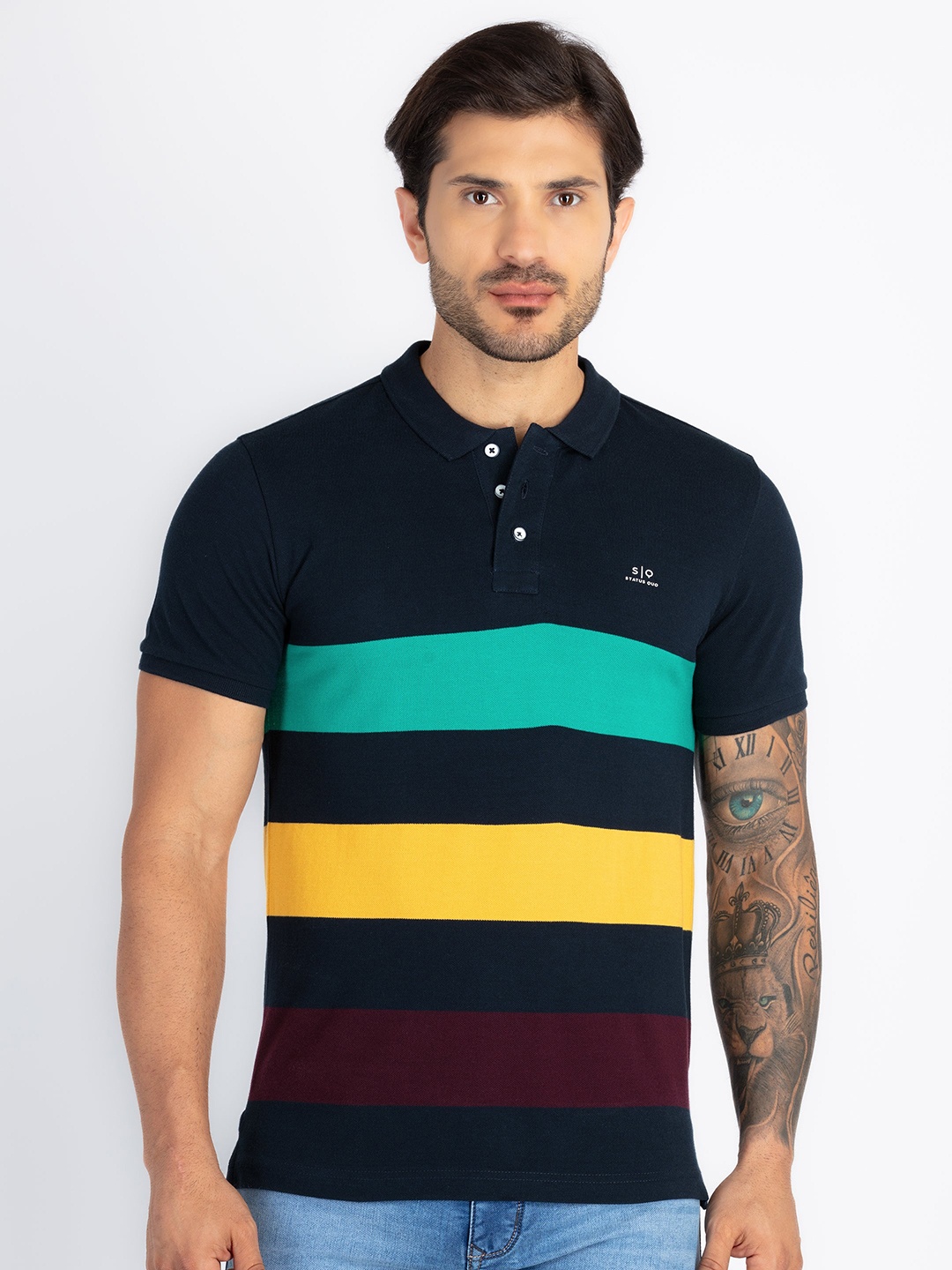 

Status Quo Men Striped Polo Collar Applique T-shirt, Navy blue