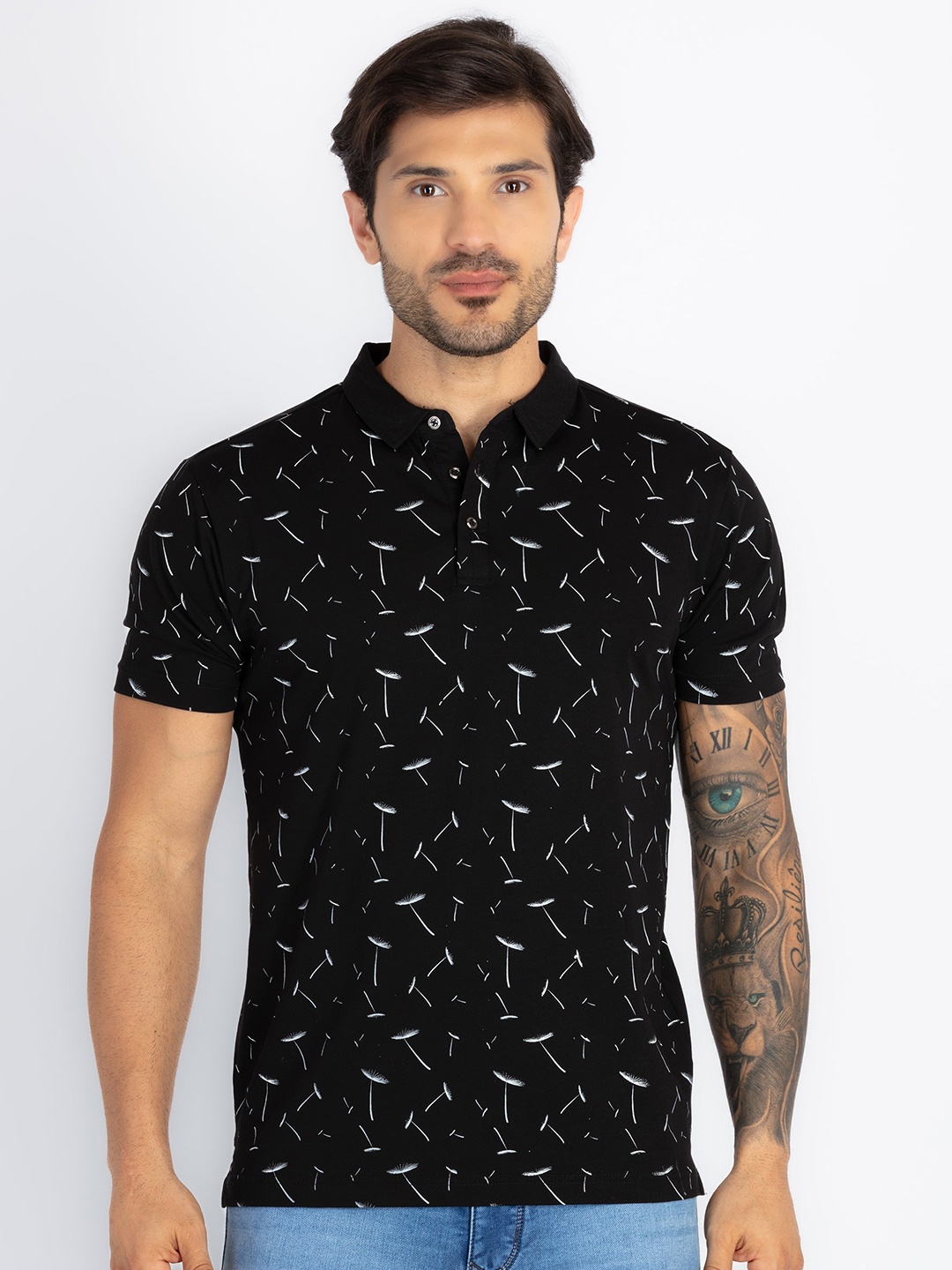 

Status Quo Men Printed Polo Collar Pure Cotton Pockets T-shirt, Black