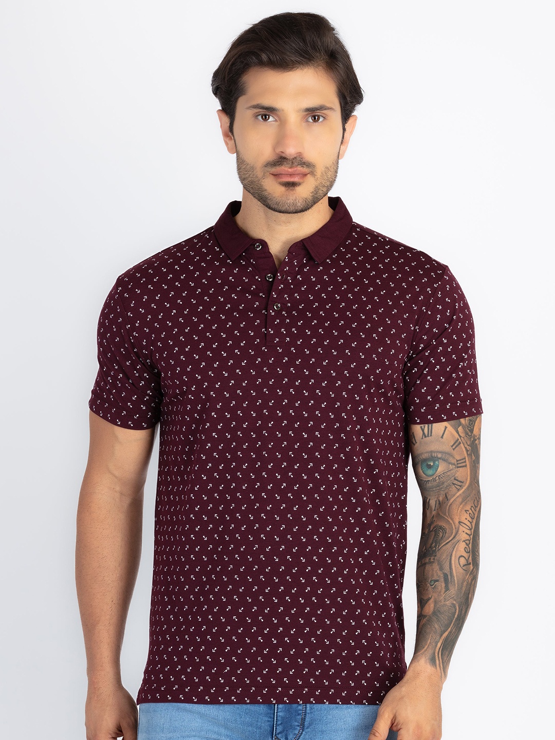 

Status Quo Men Printed Mandarin Collar Pure Cotton Pockets T-shirt, Maroon