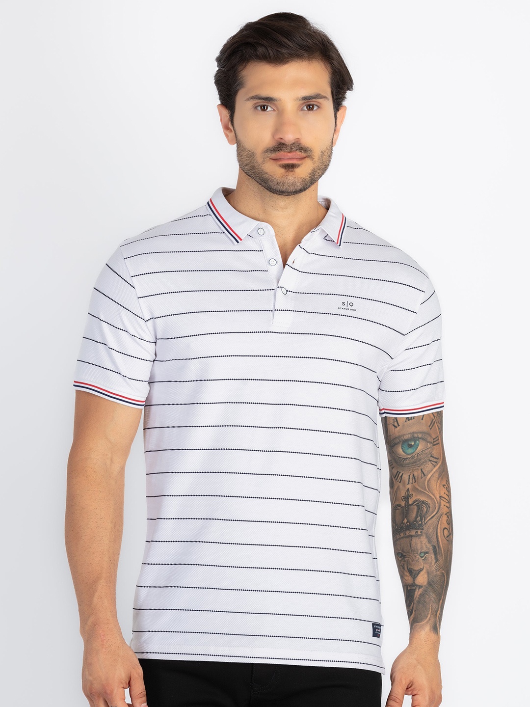 

Status Quo Men Striped Polo Collar Pockets T-shirt, White