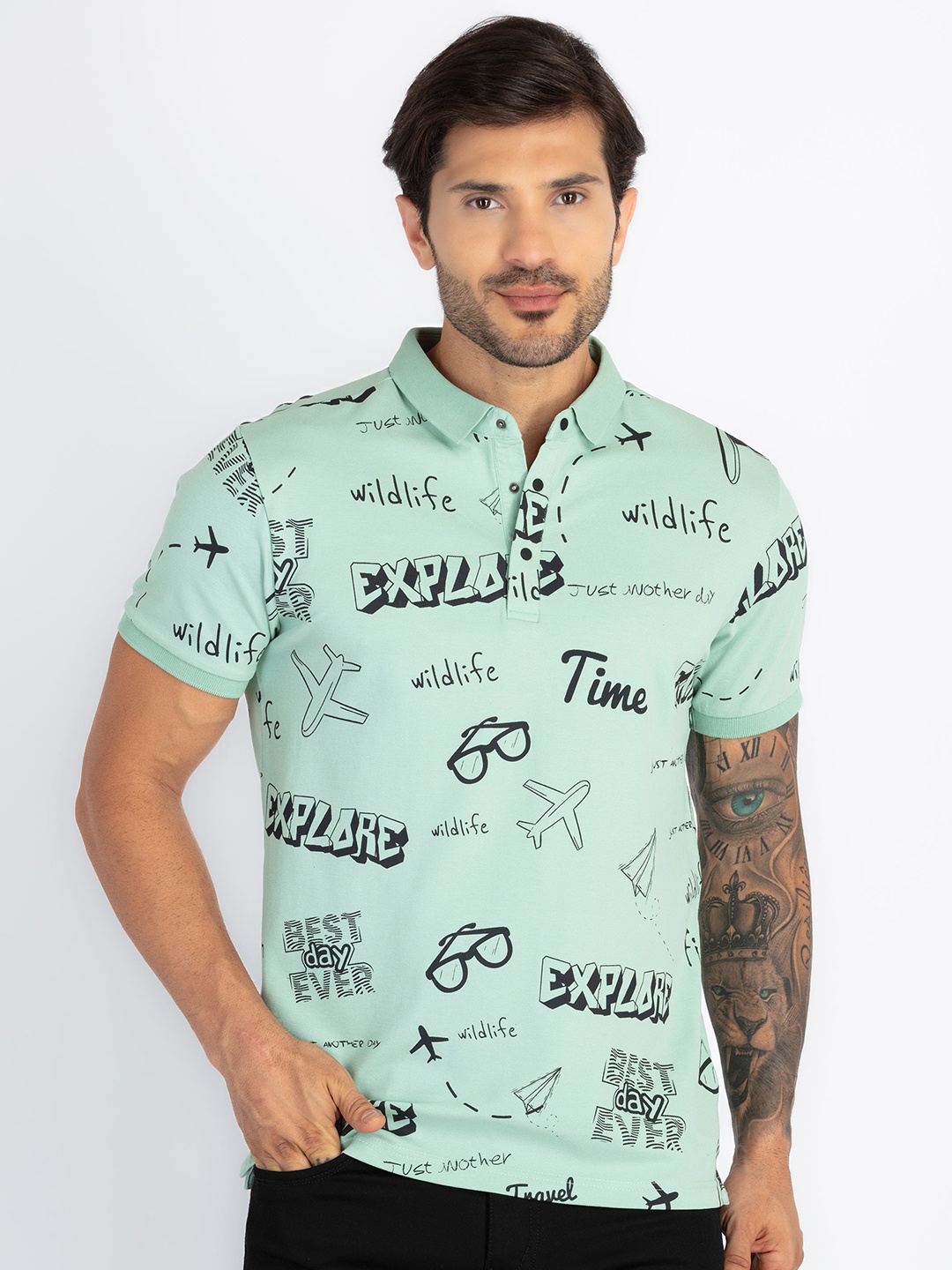 

Status Quo Men Printed Polo Collar Pockets T-shirt, Green