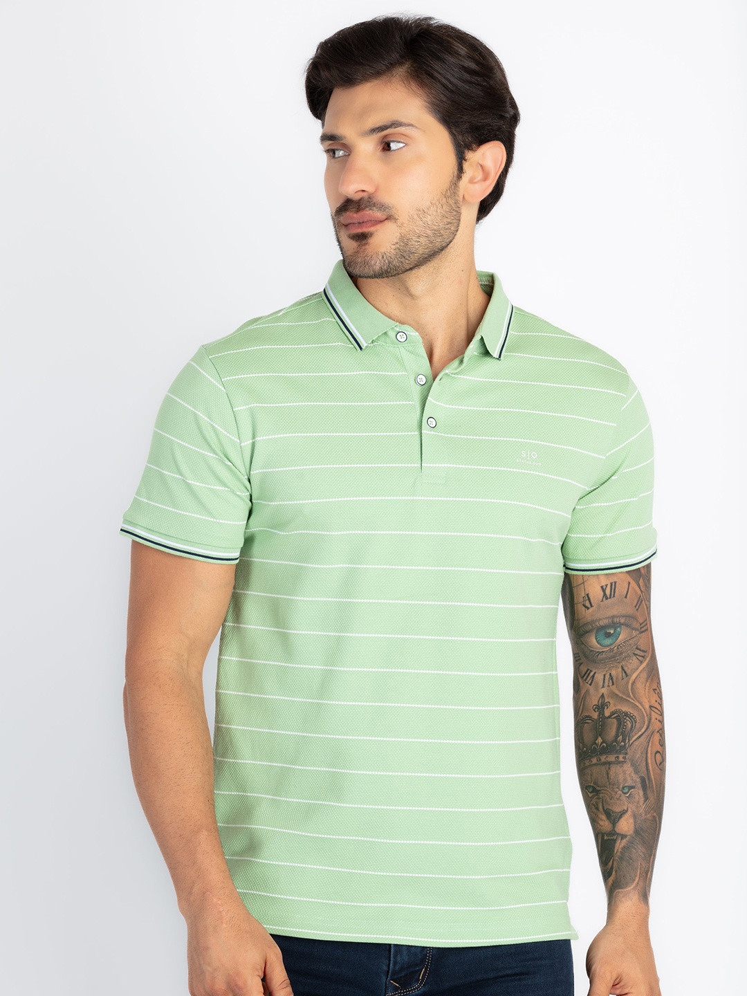 

Status Quo Men Striped Polo Collar Pockets T-shirt, Green