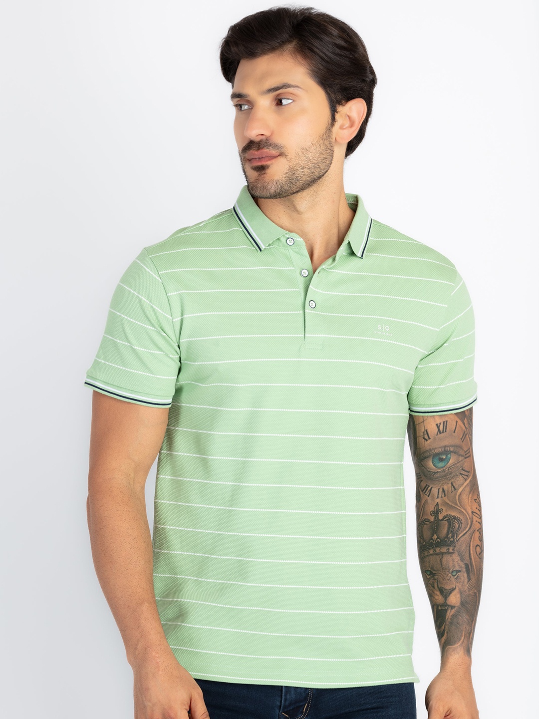 

Status Quo Men Striped Polo Collar Pockets T-shirt, Green