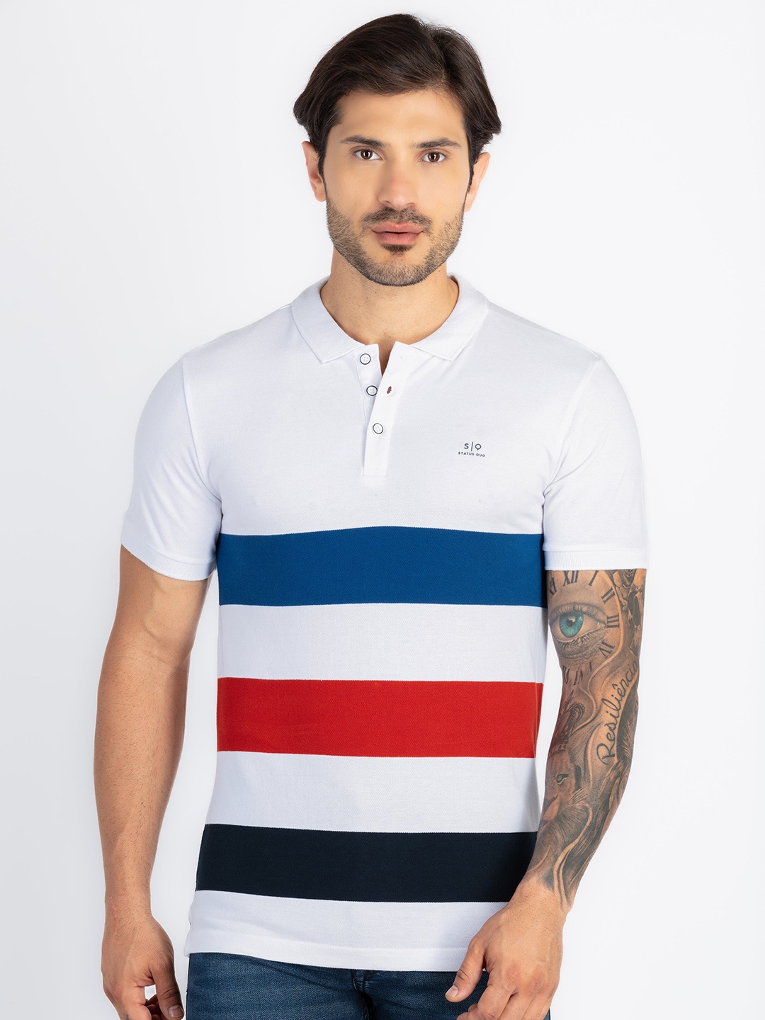 

Status Quo Men Colourblocked Henley Neck Pockets T-shirt, White