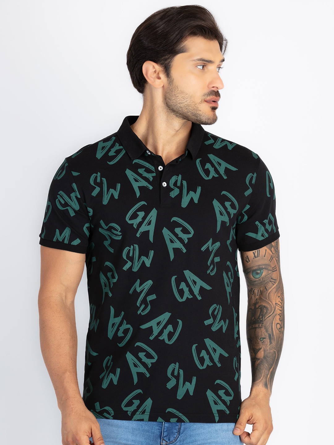 

Status Quo Men Printed Polo Collar Pockets T-shirt, Black