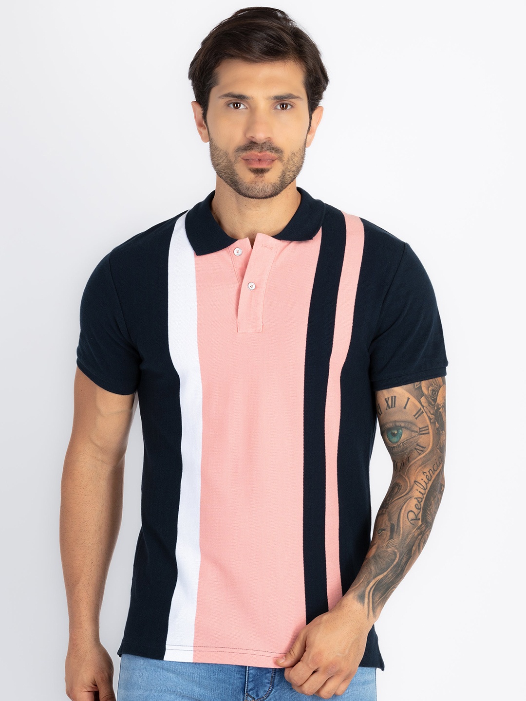 

Status Quo Men Striped Polo Collar Applique T-shirt, Coral