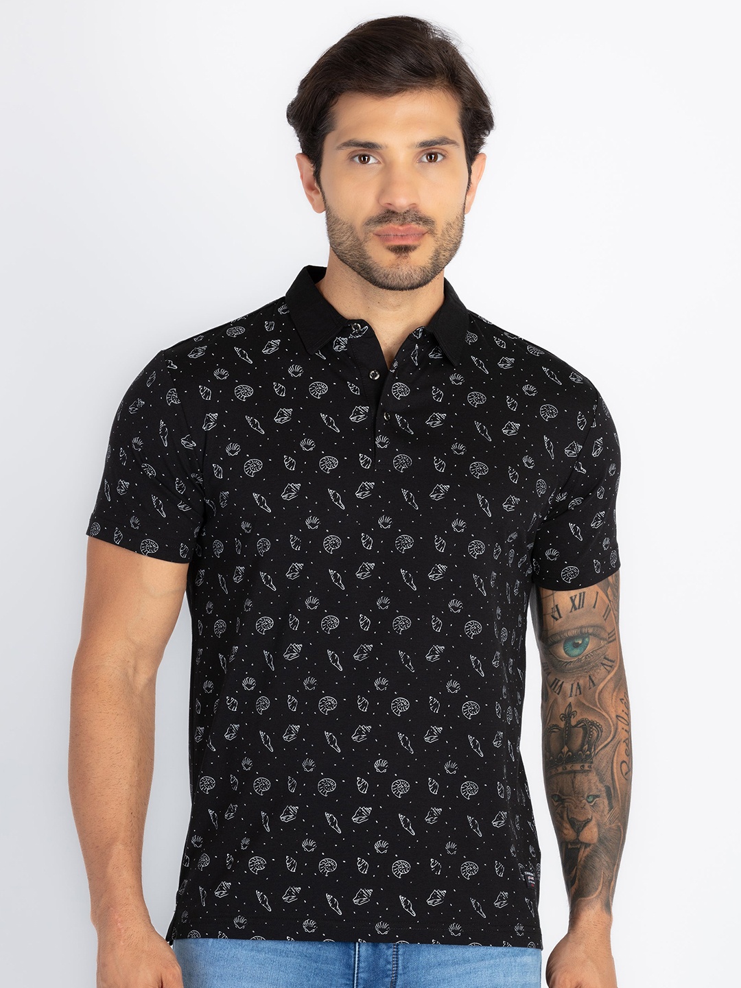 

Status Quo Men Printed Polo Collar Pure Cotton Pockets T-shirt, Black