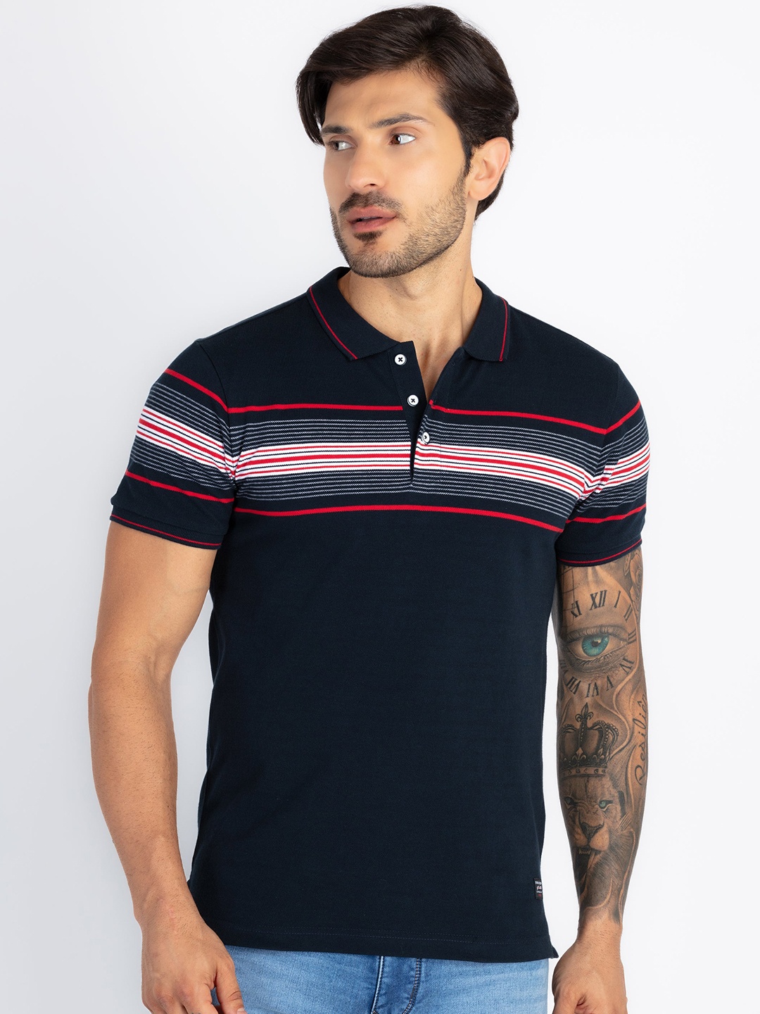 

Status Quo Men Striped Polo Collar Pockets T-shirt, Navy blue