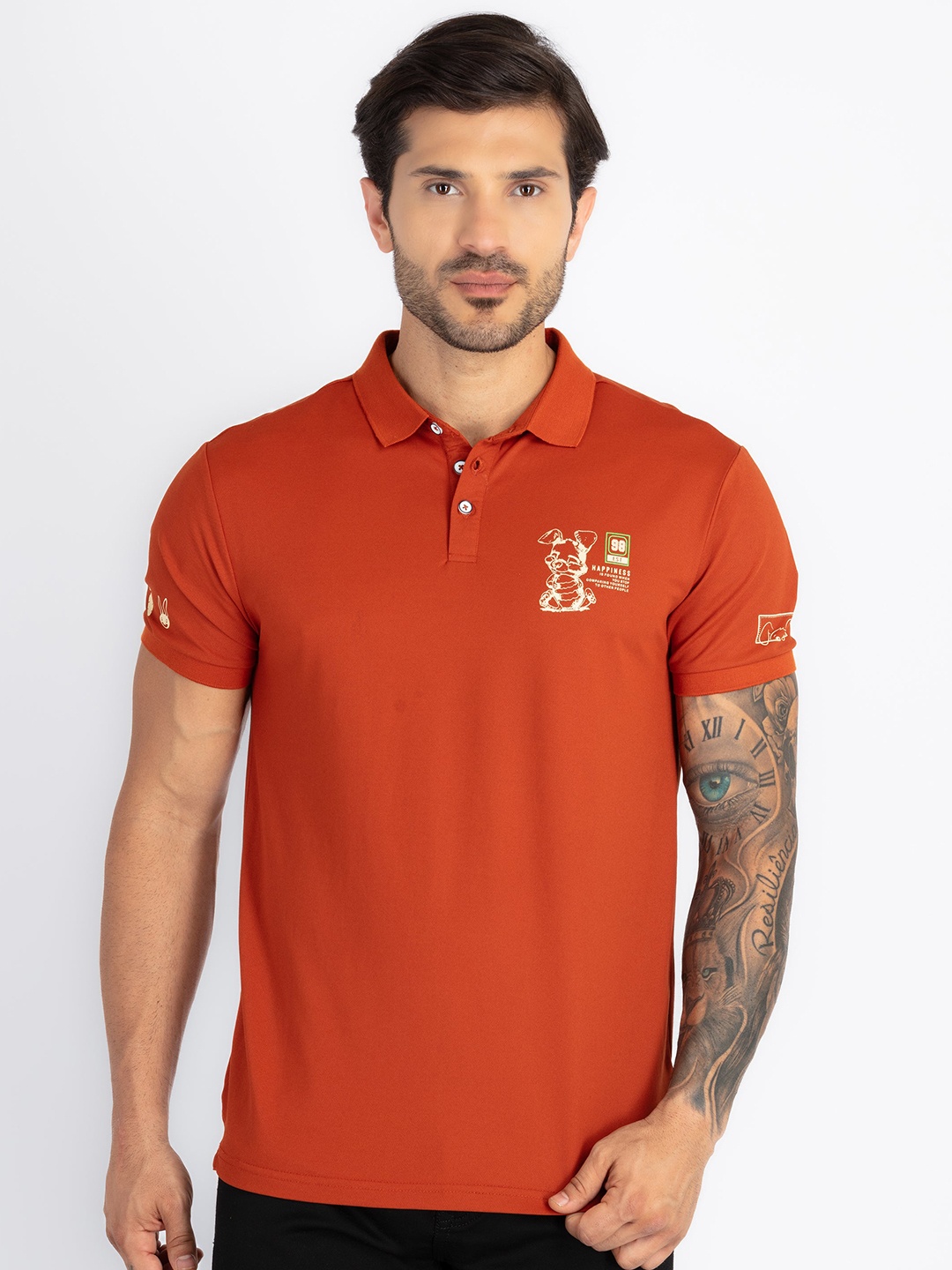 

Status Quo Men Polo Collar Applique T-shirt, Rust