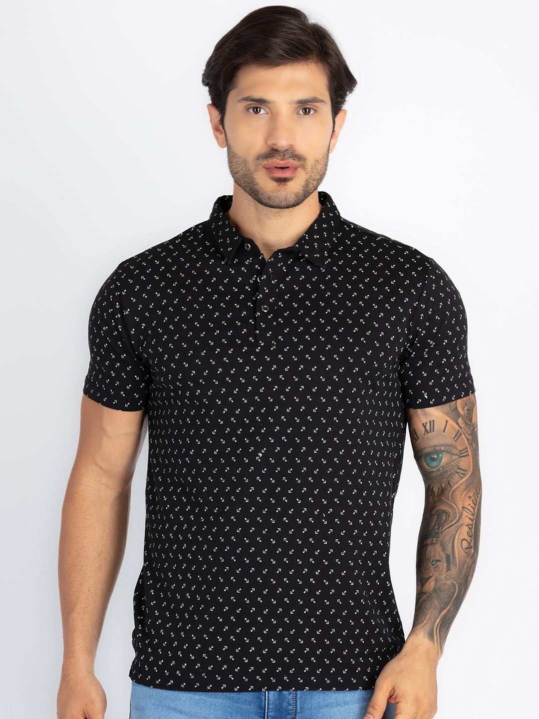 

Status Quo Men Printed Polo Collar Pure Cotton Pockets T-shirt, Black