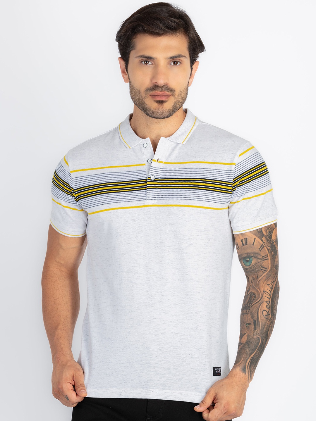 

Status Quo Men Striped Polo Collar Applique T-shirt, Beige