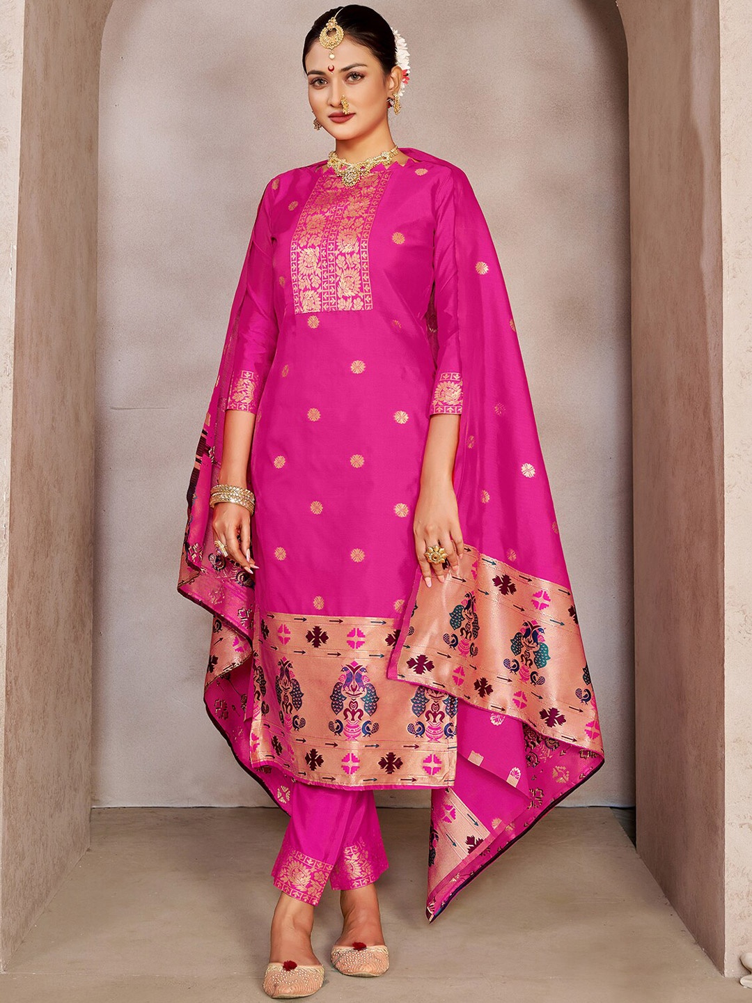 

Leeza Store Unstitched Dress Material, Pink