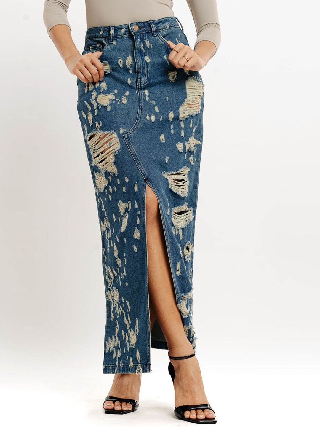 

FREAKINS Distressed Cotton Front Slit Maxi Skirts, Blue