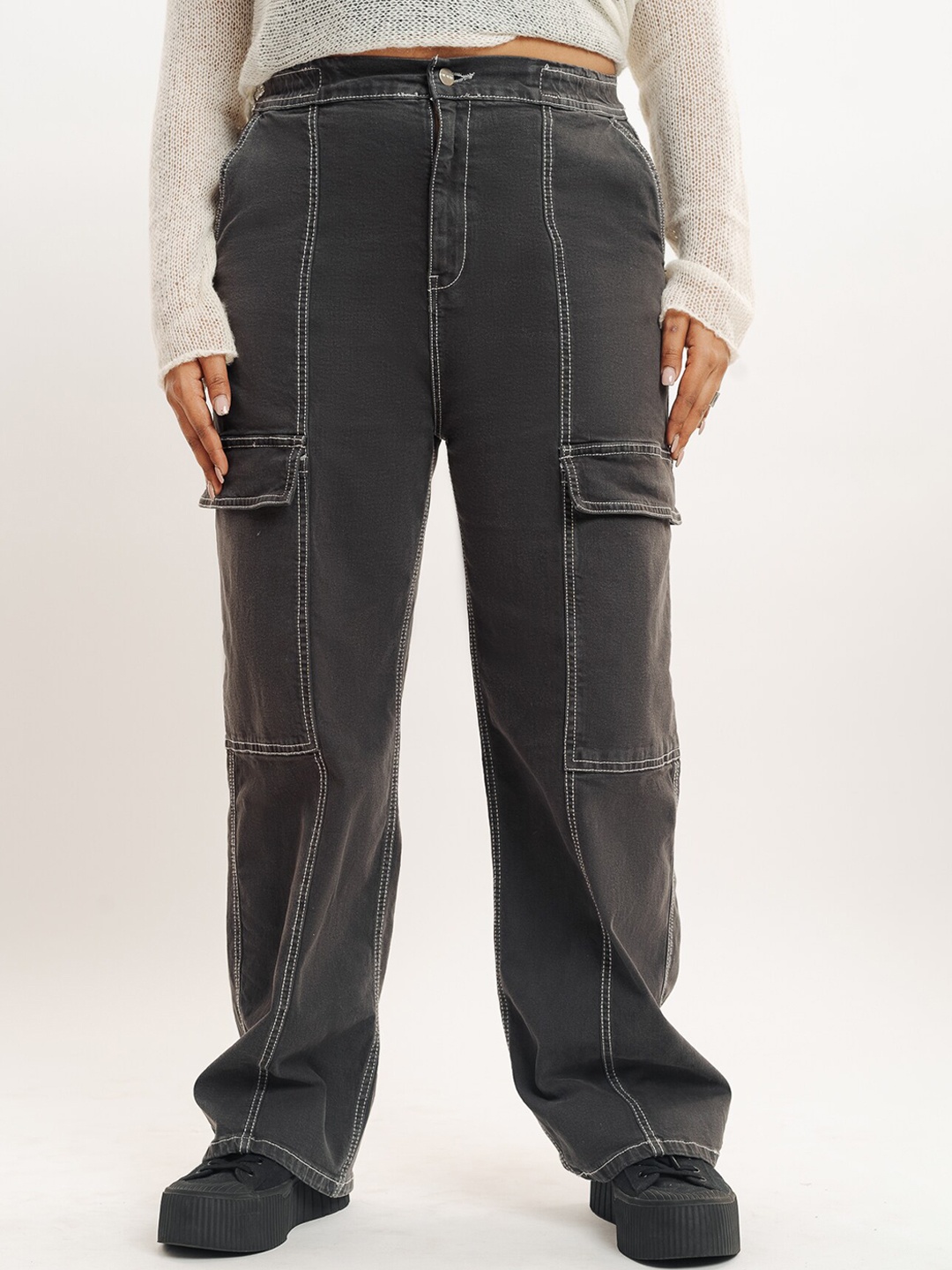 

FREAKINS Women Straight Fit High-Rise Clean Look Cargo Jeans, Grey