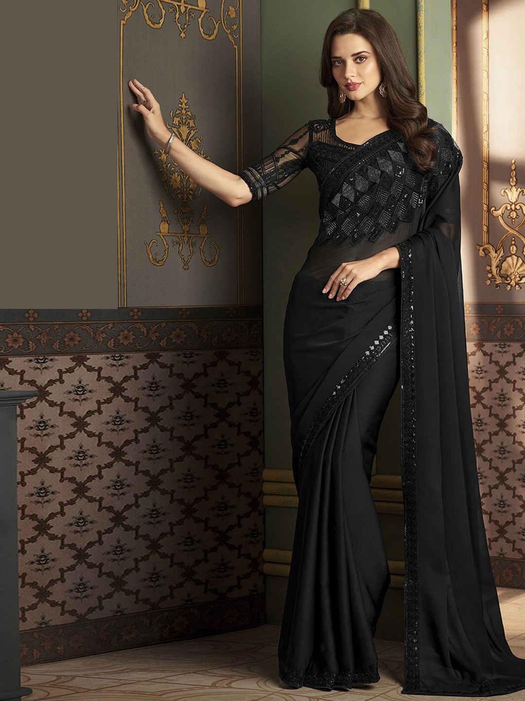 

Mitera Embellished Beads and Stones Pure Chiffon Chettinad Saree, Black