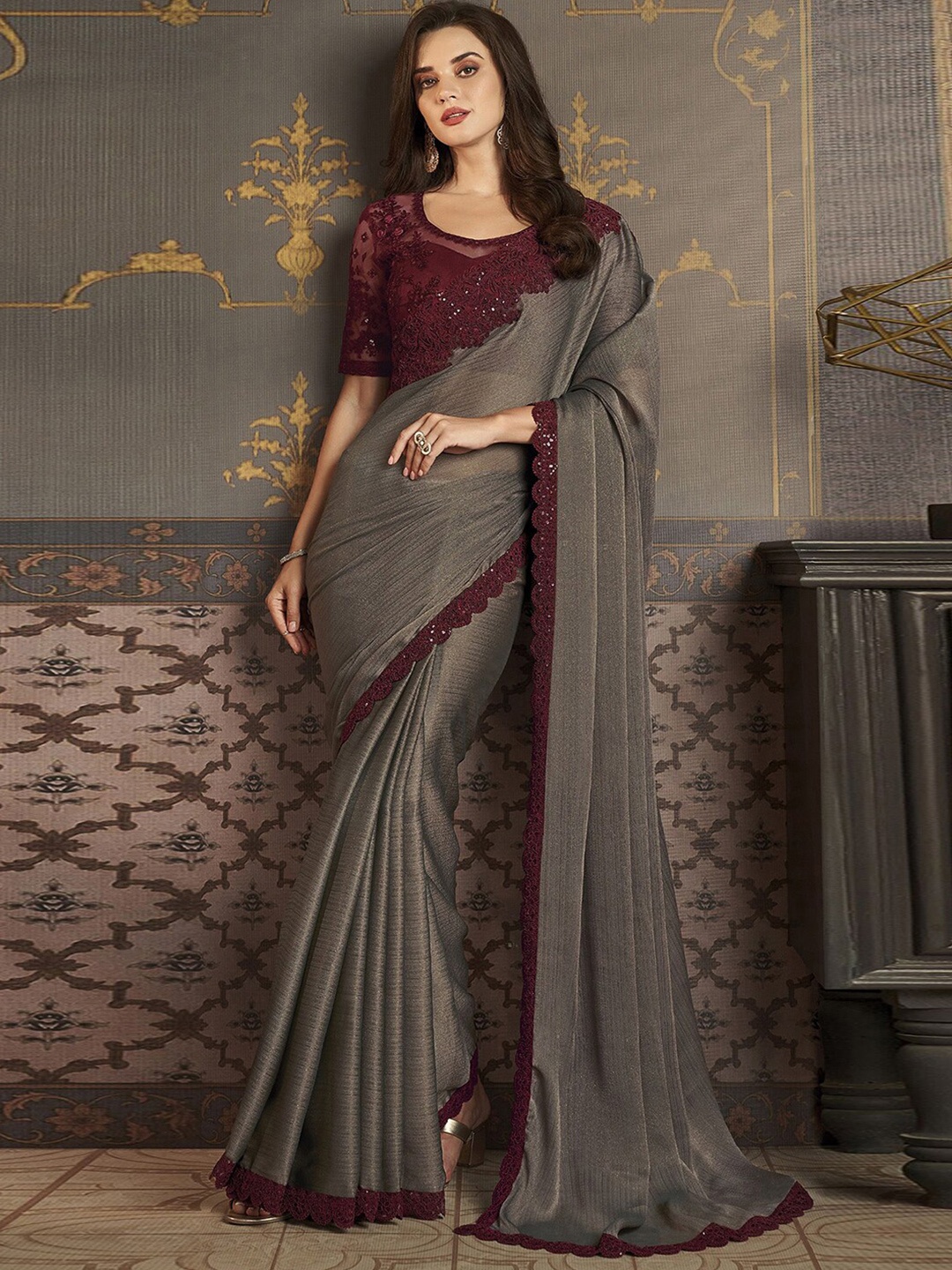 

Mitera Ombre Gotta Patti Poly Chiffon Chettinad Saree, Brown