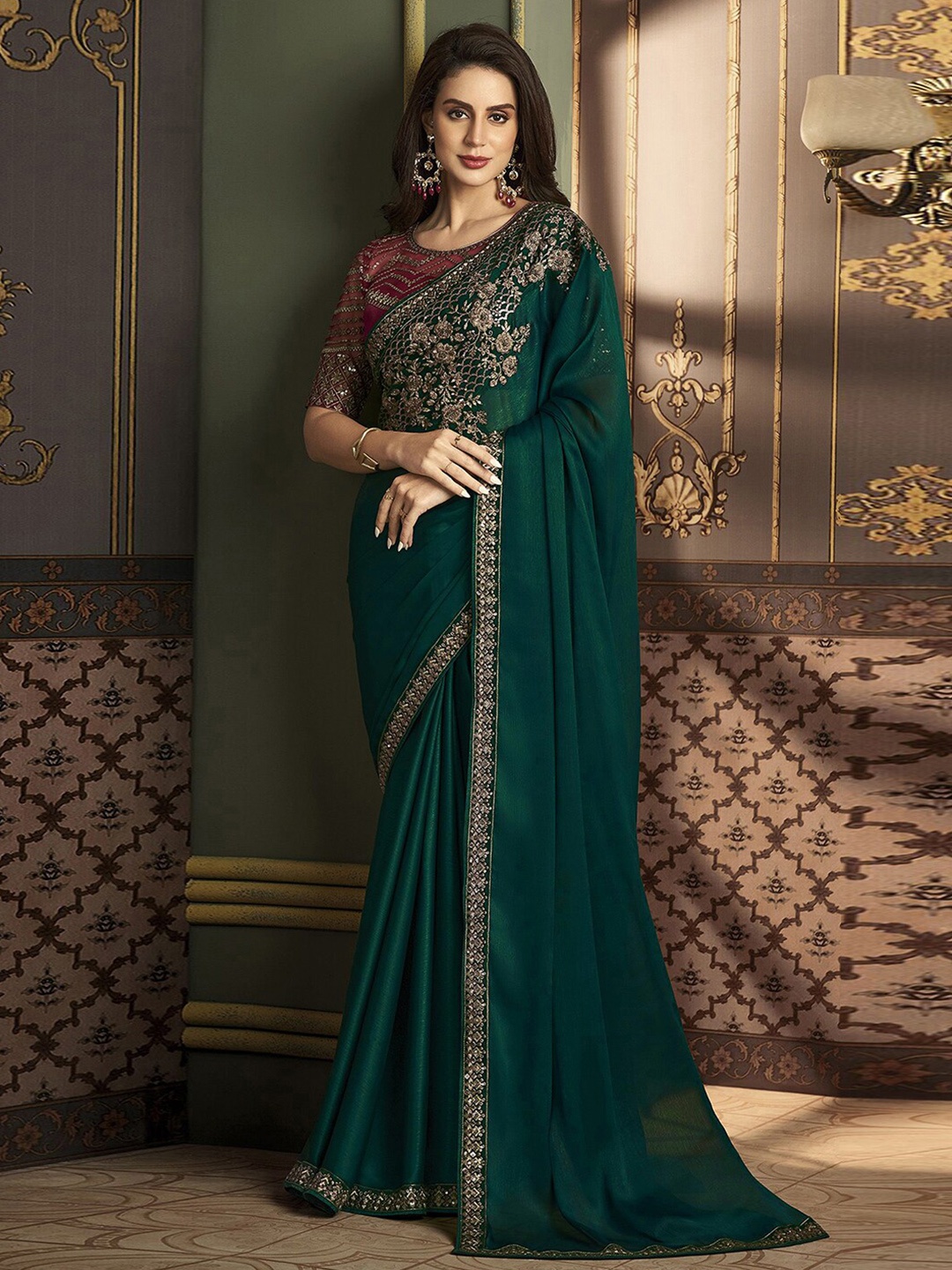 

Mitera Ethnic Motifs Embroidered Sequinned Pure Chiffon Chettinad Saree, Green
