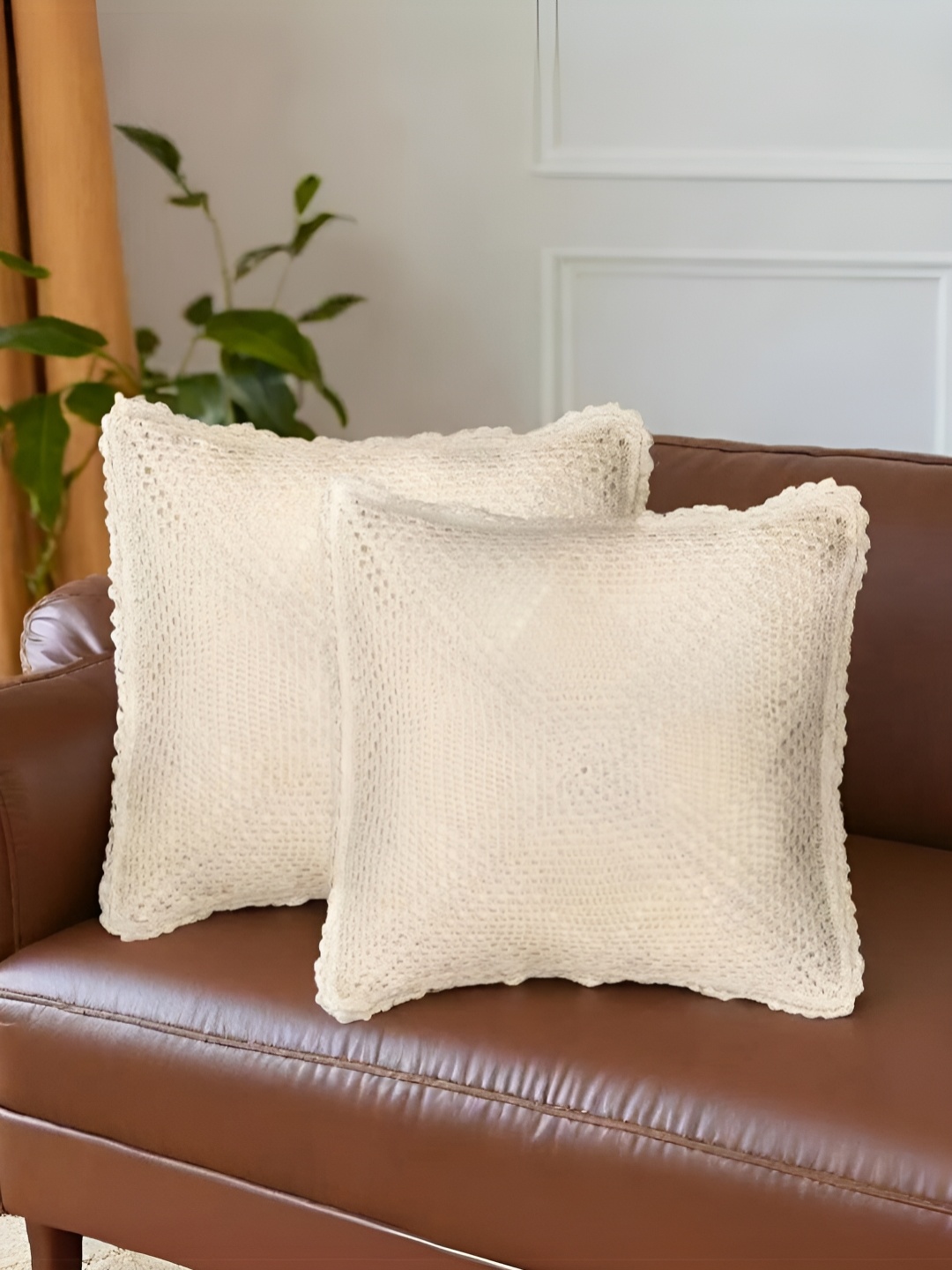 

Peepul Tree Off White Set of 2 Floral Square Cushion Covers