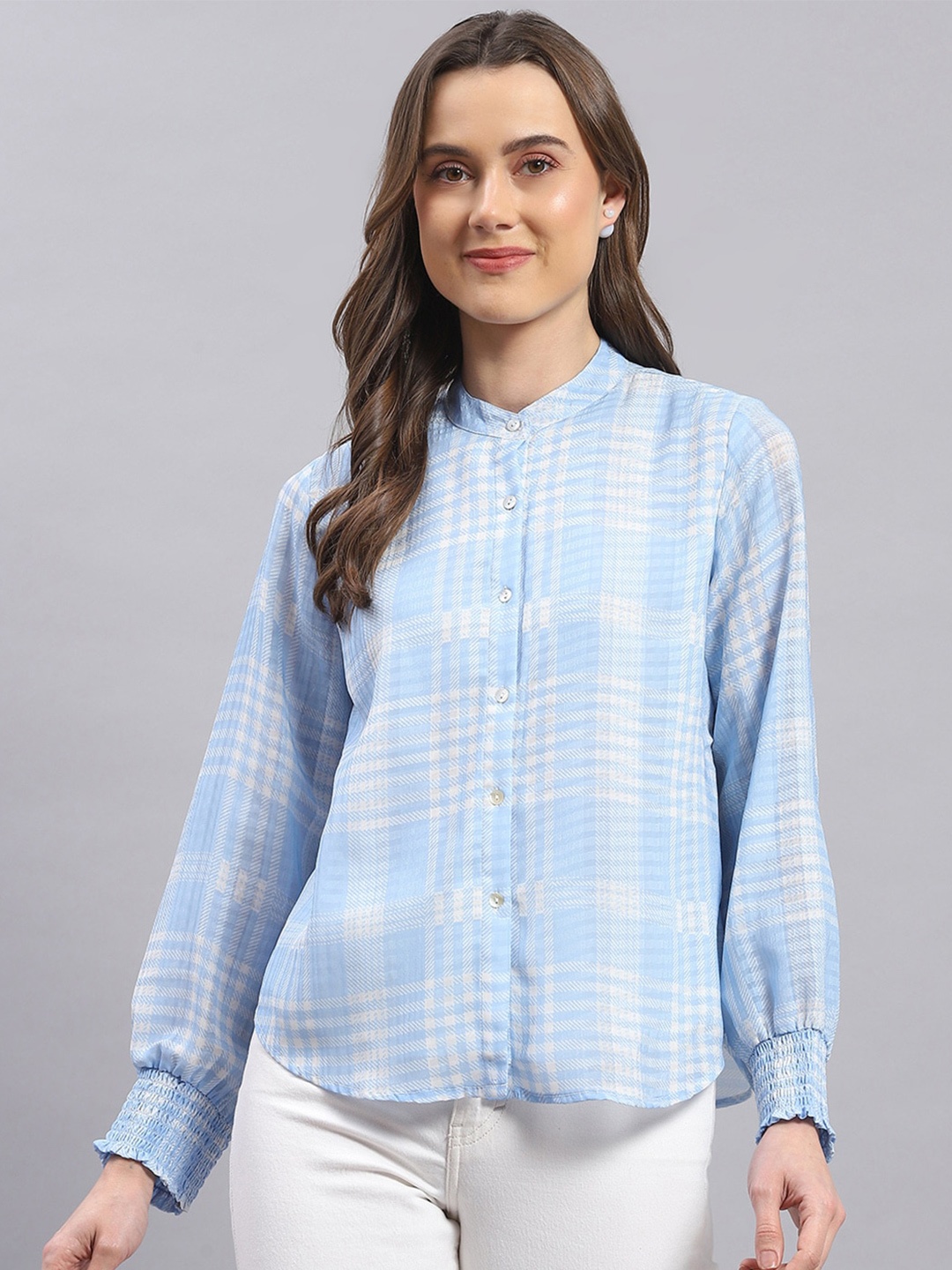 

Monte Carlo Checked Mandarin Collar Shirt Style Top, Blue