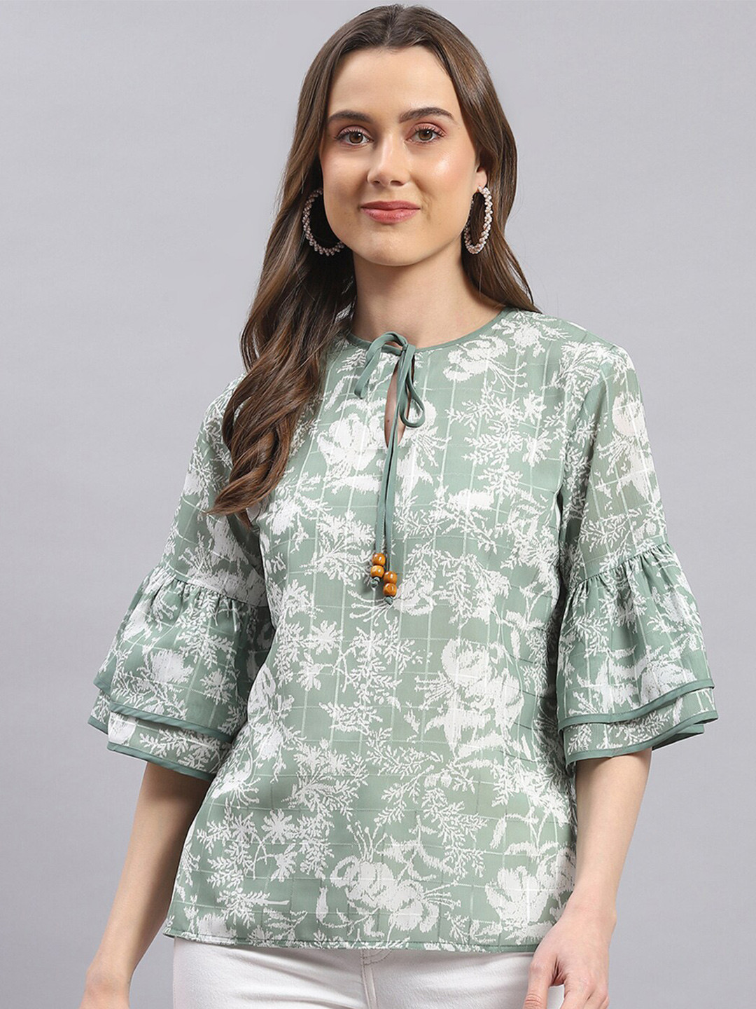 

Monte Carlo Print Tie-Up Neck Bell Sleeve Top, Green