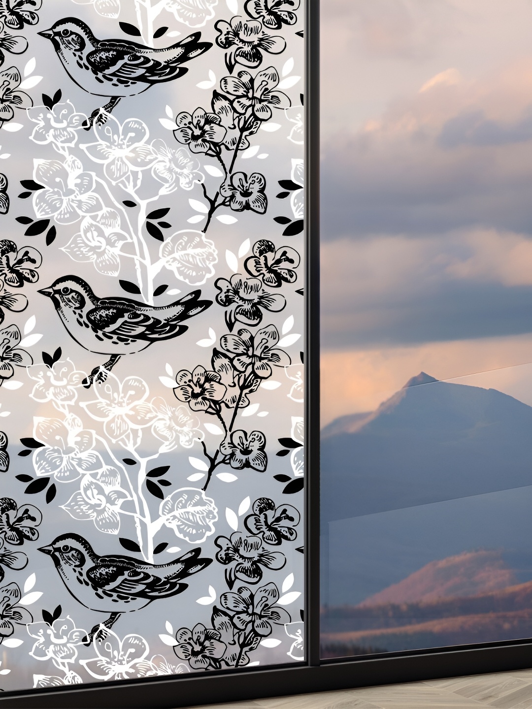 

CVANU Transparent & Black Floral Printed Self-Adhesive Waterproof Window Film