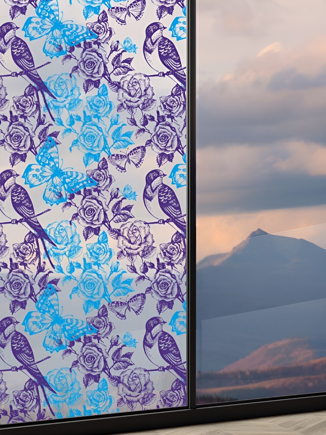 

CVANU Transparent & Blue Floral Printed Self-Adhesive Waterproof Window Sticker