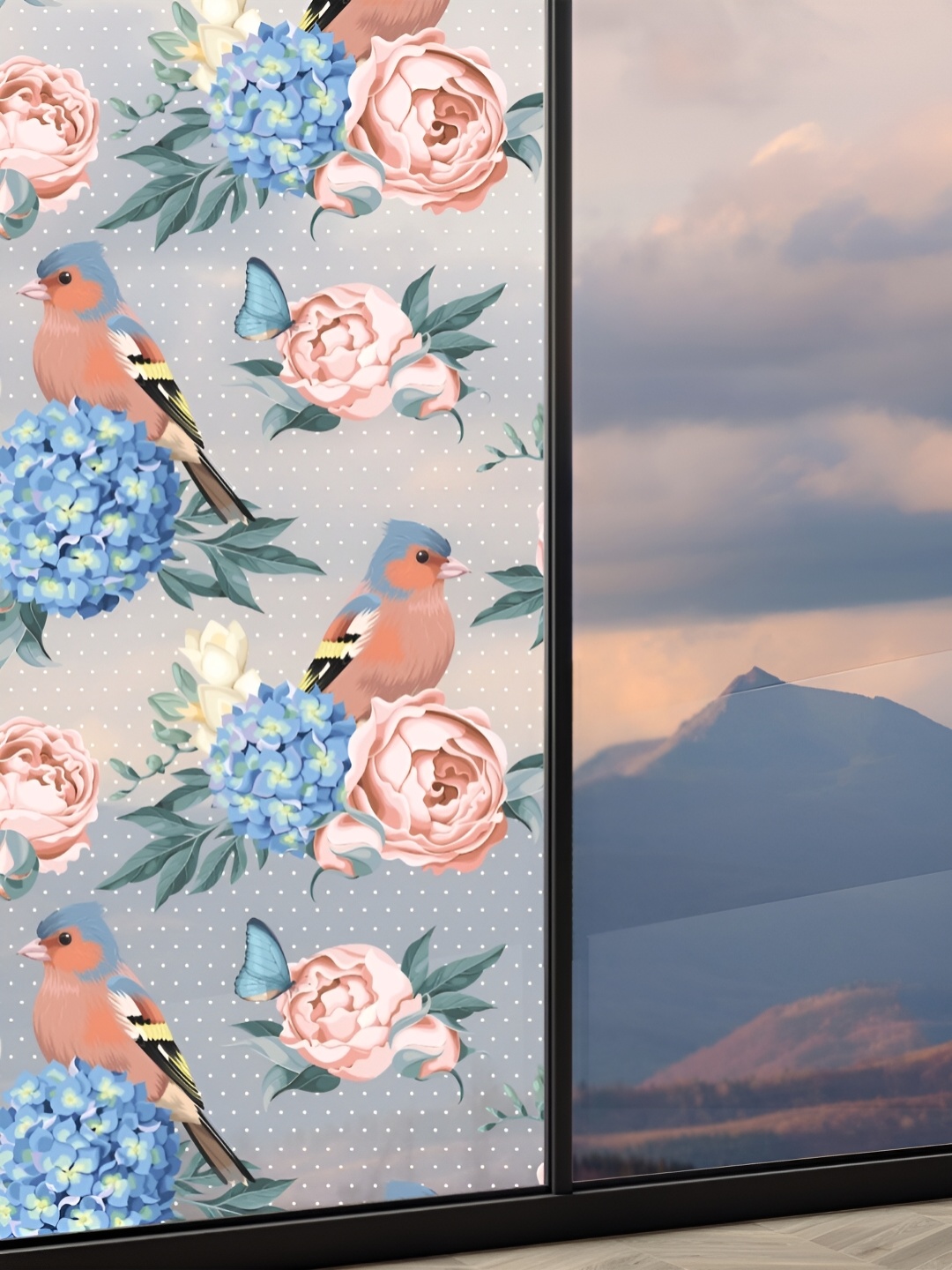 

CVANU Transparent & Blue Floral Printed Self-Adhesive Waterproof Window Sticker