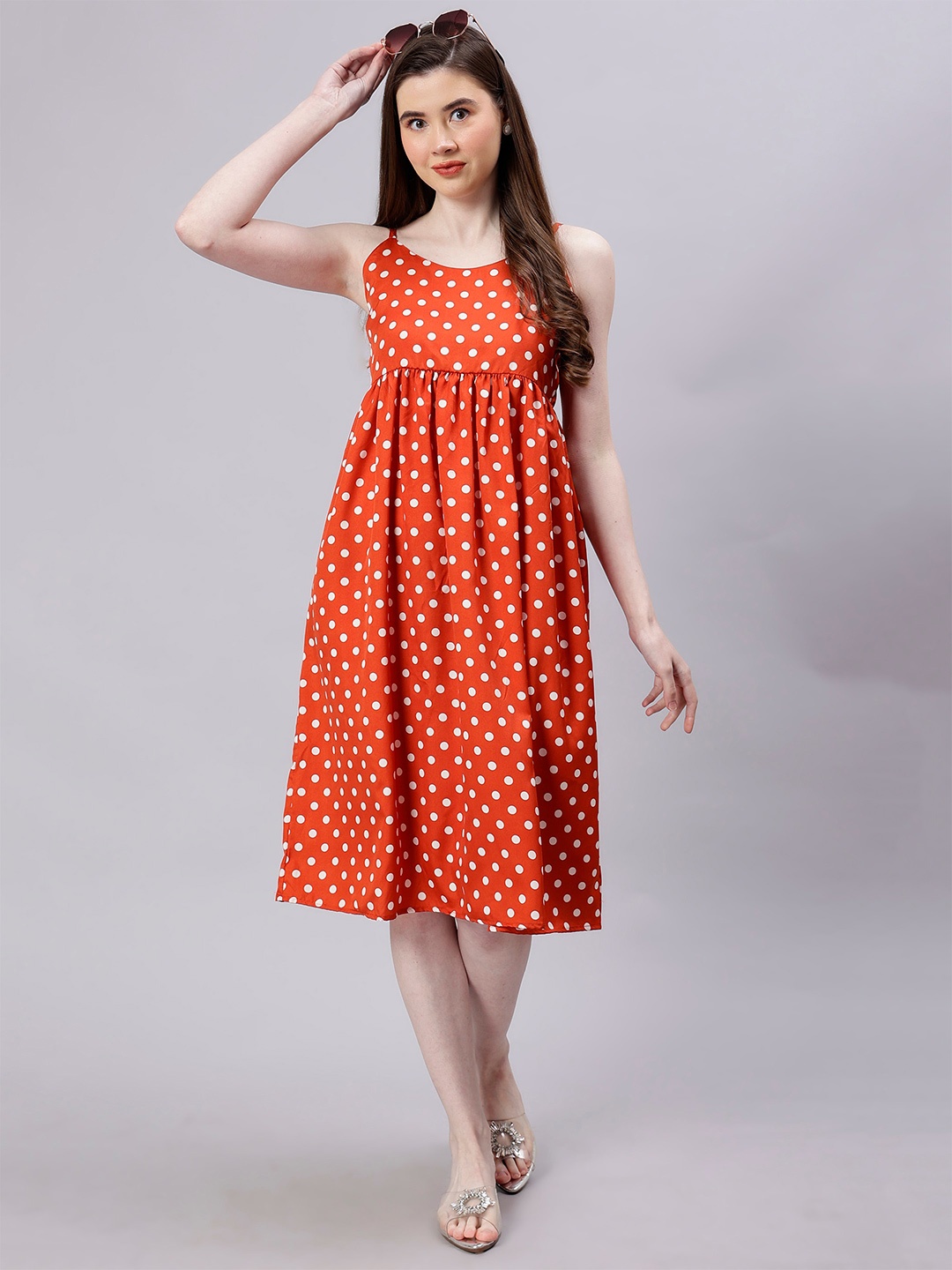 

ENTELLUS Polka Dot Print Empire Dress, Red