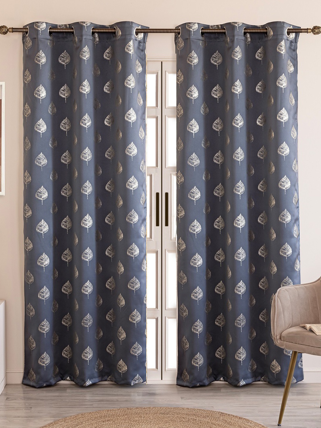 

HOMEMONDE Grey & Brown Set of 2 Floral Black Out Long Door Curtain