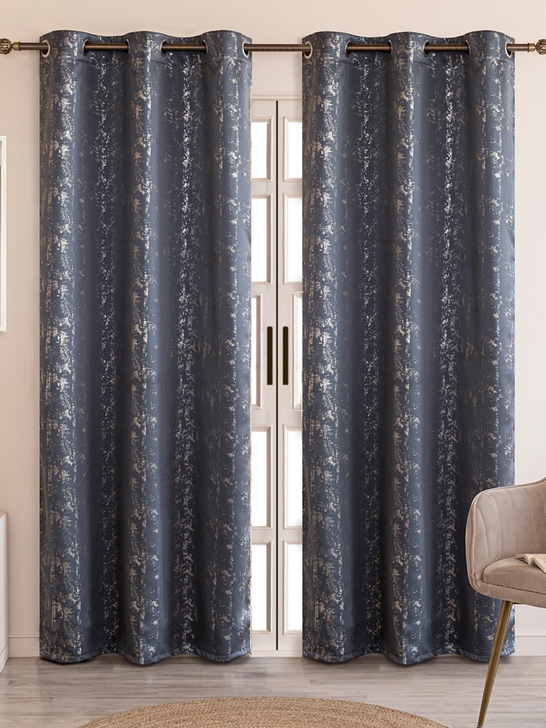 

HOMEMONDE Grey & Silver-Toned Set of 2 Black Out Long Door Curtain