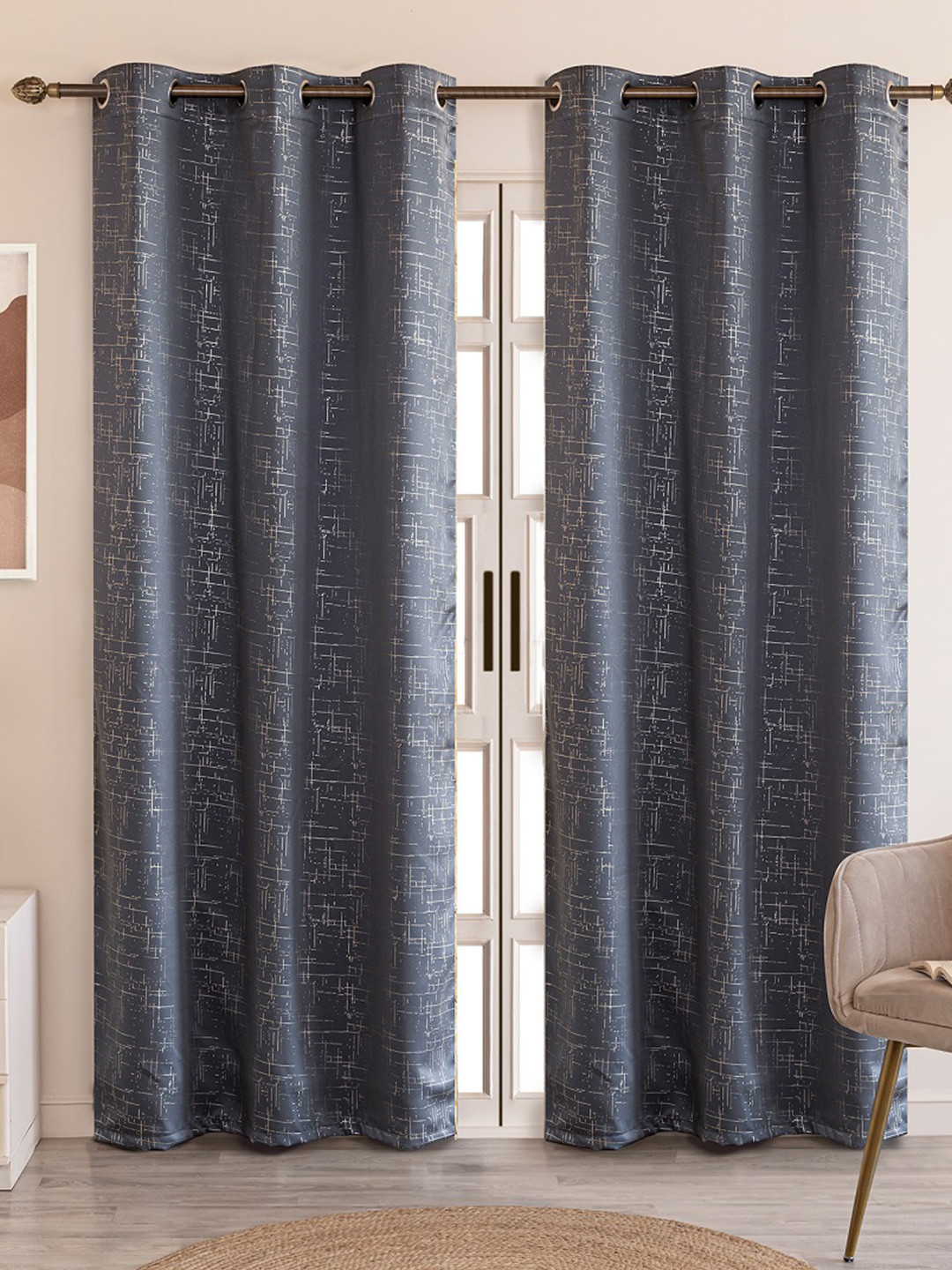 

HOMEMONDE Grey & White Set of 2 Black Out Long Door Curtain