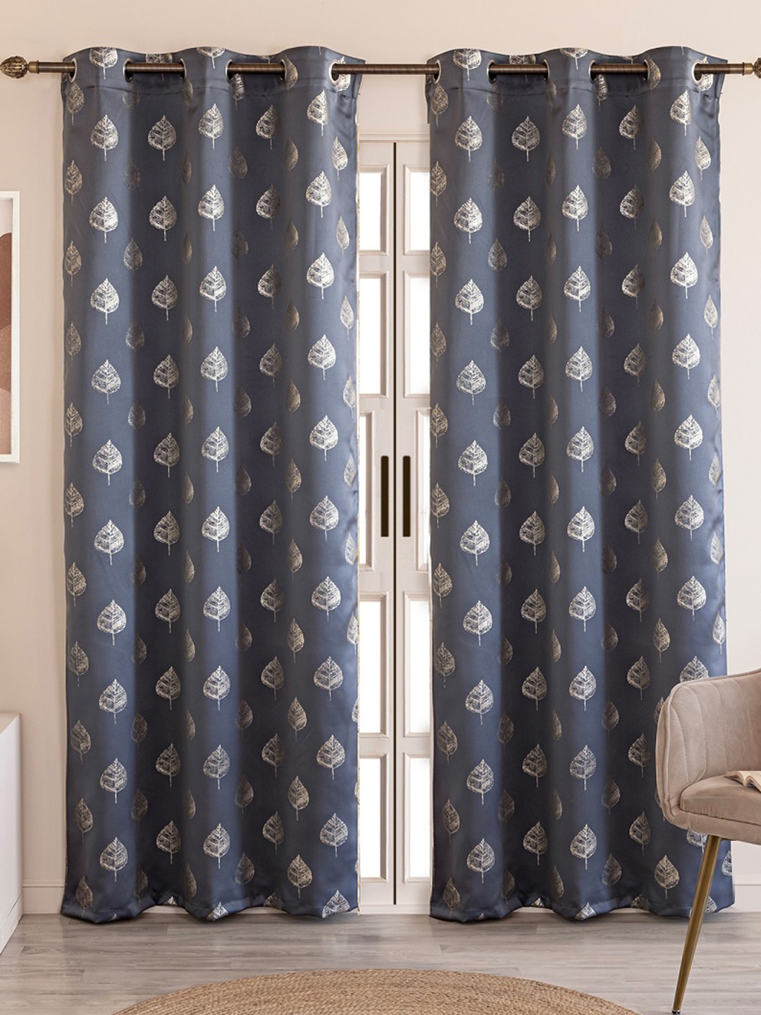 HOMEMONDE Grey & Gold-Toned Set of 2 Floral Black Out Door Curtain