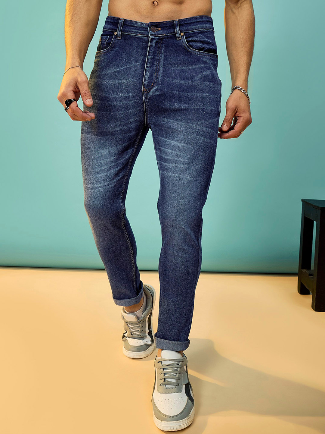 

MASCLN SASSAFRAS Men Lean Slim Fit Light Fade Jeans, Navy blue