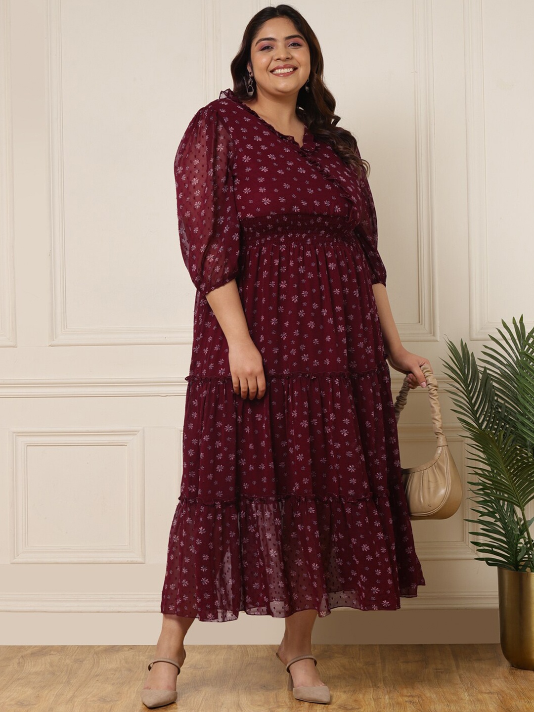 DEEBACO Floral Print Georgette Maxi Dress, Maroon