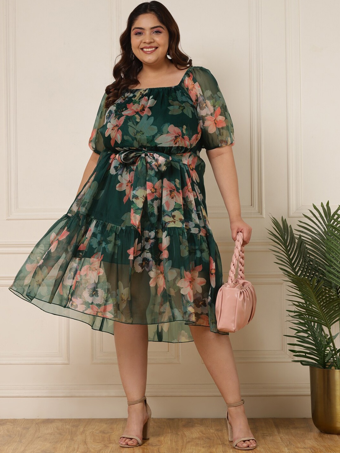 

DEEBACO Floral Print Puff Sleeve A-Line Dress, Green