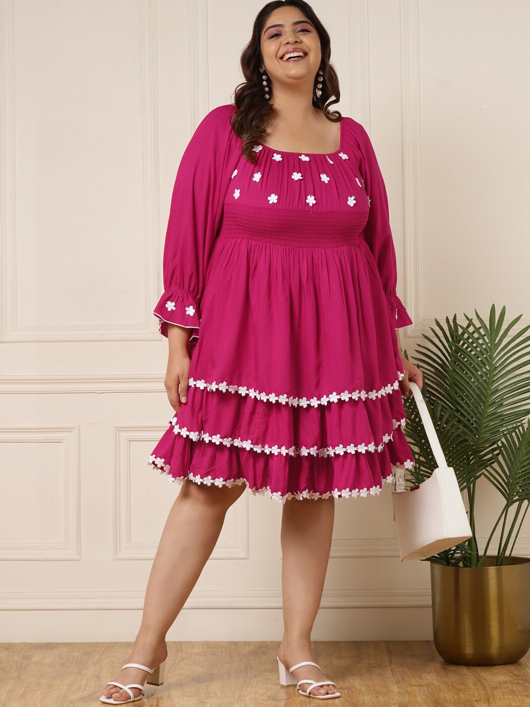 

DEEBACO Puff Sleeve A-Line Dress, Magenta